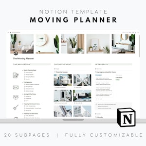 Puede incluir: Una pantalla de computadora portátil que muestra una plantilla de Notion para un planificador de mudanzas. La plantilla incluye secciones para "La navegación", "La búsqueda de la casa" y "En progreso". La plantilla es totalmente personalizable e incluye 20 subpáginas. El logotipo de Notion es visible en la esquina inferior derecha de la pantalla.