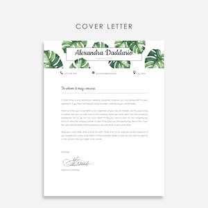 May include: A cover letter template with a tropical leaf design. The text reads "Cover Letter" and "Alexandra Daddario".