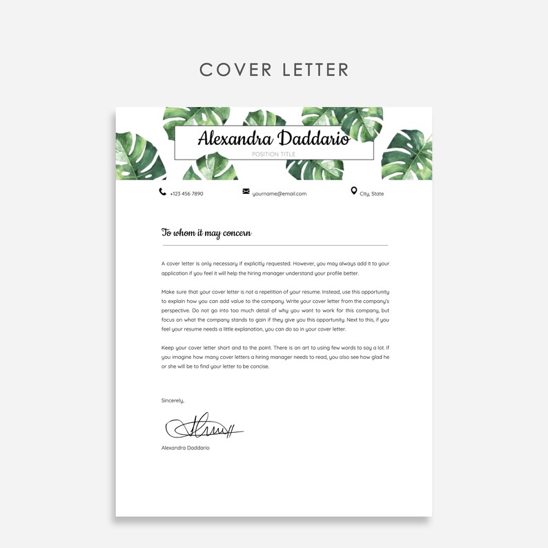 May include: A cover letter template with a tropical leaf design. The text reads "Cover Letter" and "Alexandra Daddario".