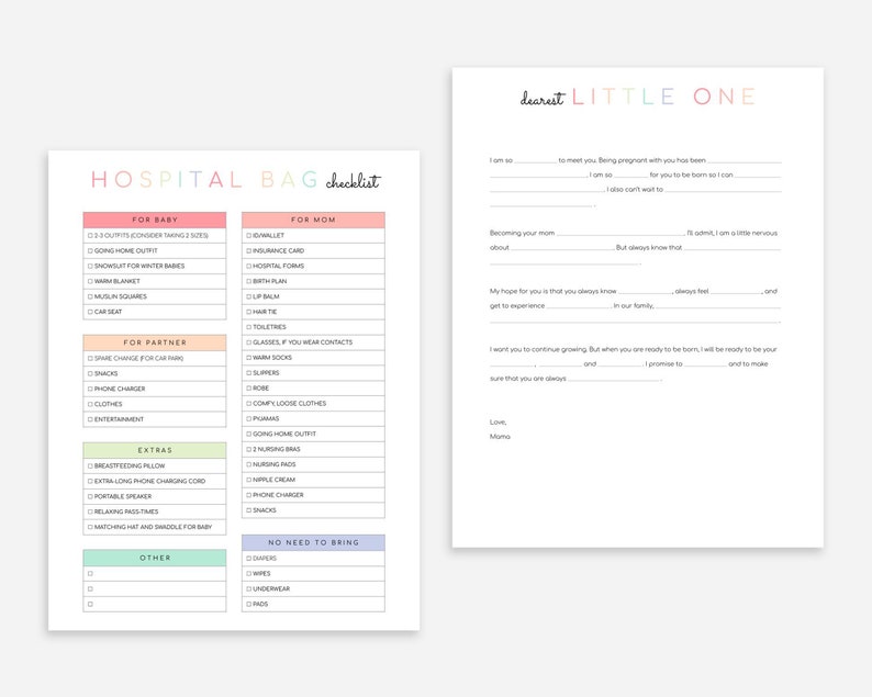 Puede incluir: Una lista de verificaci&oacute;n imprimible para una bolsa de hospital, con secciones para el beb&eacute;, la madre, la pareja y extras. La lista de verificaci&oacute;n incluye art&iacute;culos como el atuendo para volver a casa, la tarjeta de seguro, los bocadillos, el cargador de tel&eacute;fono y la almohada de lactancia. La lista de verificaci&oacute;n tambi&eacute;n incluye una secci&oacute;n para las cosas que no se deben llevar, como pa&ntilde;ales, toallitas y ropa interior.