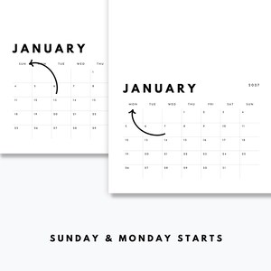 May include: Two white calendar pages for January 2027 with black text and grid lines. One page shows a Sunday start, and the other shows a Monday start. Each page features a hand-drawn black arrow pointing to the first day of the week.