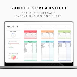 May include: A laptop displaying a budget spreadsheet with the text "Budget Spreadsheet" at the top. The spreadsheet is organized with sections for income, expenses, and savings, with the text "For Any Timeframe Everything On One Sheet".