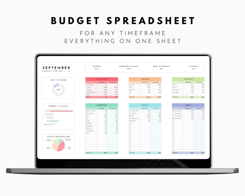 May include: A laptop displaying a budget spreadsheet with the text "Budget Spreadsheet" at the top. The spreadsheet is organized with sections for income, expenses, and savings, with the text "For Any Timeframe Everything On One Sheet".