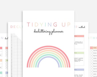 May include: A printable decluttering planner with a rainbow graphic and the text "TIDYING UP decluttering planner" and "KonMari method". The planner includes a checklist of items to declutter, a grid for tracking progress, and instructions for decluttering.