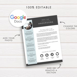 May include: A black and white printable template for a family introduction letter. The template includes a photo placeholder, a section for family member names, and a section for favorite features of the family's home. The text reads "Meet the Andersons" and "To the family of 473 Magnolia Avenue".