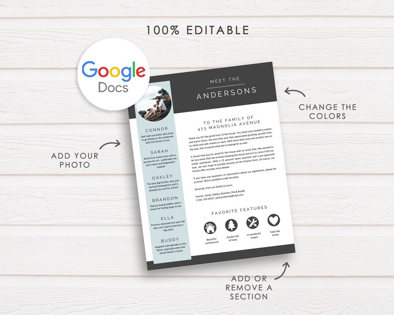 May include: A black and white printable template for a family introduction letter. The template includes a photo placeholder, a section for family member names, and a section for favorite features of the family's home. The text reads "Meet the Andersons" and "To the family of 473 Magnolia Avenue".
