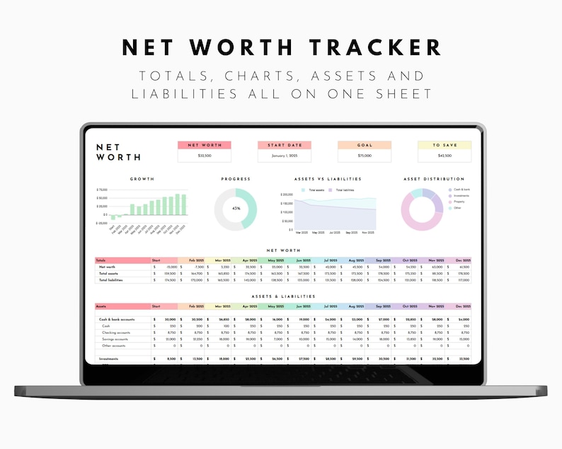 May include: A laptop displaying a net worth tracker spreadsheet. The screen shows charts, totals, assets, and liabilities. The text "NET WORTH TRACKER" is at the top, with additional text below. The laptop is on a white background.