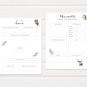 Puede incluir: P&aacute;ginas imprimibles para un libro de recuerdos de beb&eacute; con un tema de bosque. Las p&aacute;ginas incluyen secciones para registrar la edad del beb&eacute; en d&iacute;as cuando lleg&oacute; a casa, su atuendo para volver a casa, c&oacute;mo se sintieron sus padres al llevarlo a casa, su primera direcci&oacute;n, d&oacute;nde durmi&oacute;, d&oacute;nde pas&oacute; la mayor parte de su tiempo, los titulares de las noticias, el costo de las cosas, las canciones y pel&iacute;culas populares, el presidente y la poblaci&oacute;n mundial.