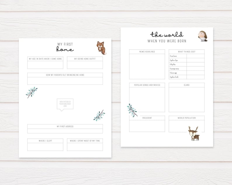 Puede incluir: P&aacute;ginas imprimibles para un libro de recuerdos de beb&eacute; con un tema de bosque. Las p&aacute;ginas incluyen secciones para registrar la edad del beb&eacute; en d&iacute;as cuando lleg&oacute; a casa, su atuendo para volver a casa, c&oacute;mo se sintieron sus padres al llevarlo a casa, su primera direcci&oacute;n, d&oacute;nde durmi&oacute;, d&oacute;nde pas&oacute; la mayor parte de su tiempo, los titulares de las noticias, el costo de las cosas, las canciones y pel&iacute;culas populares, el presidente y la poblaci&oacute;n mundial.