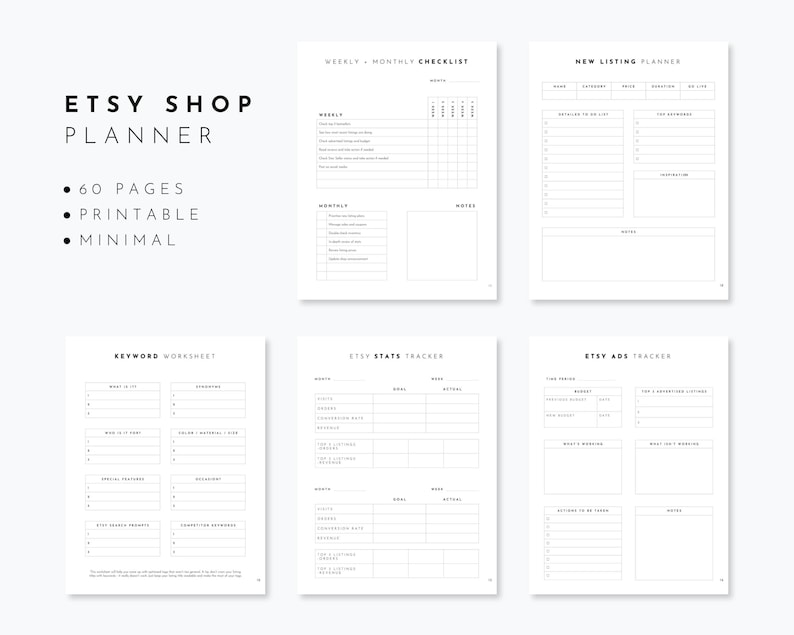 Puede incluir: Un planificador de tienda Etsy imprimible de 60 p&aacute;ginas. El planificador incluye secciones para listas de verificaci&oacute;n semanales y mensuales, planificaci&oacute;n de nuevas listas, hojas de trabajo de palabras clave, seguimiento de estad&iacute;sticas de Etsy y seguimiento de anuncios de Etsy.