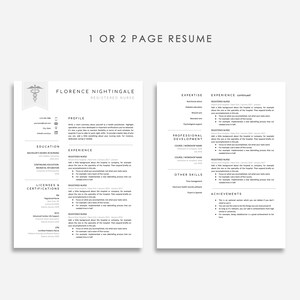 May include: A two-page resume template for a registered nurse. The template includes sections for profile, education, experience, expertise, professional development, other skills, and achievements. The resume is designed in a modern and minimalist style with a gray color scheme.