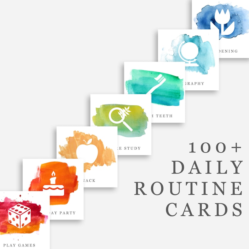 May include: A set of 100+ colorful watercolor cards with white icons depicting daily routines. The icons include a toothbrush, magnifying glass, apple, birthday cake, dice, and more. The text "100+ DAILY ROUTINE CARDS" is printed below the cards.