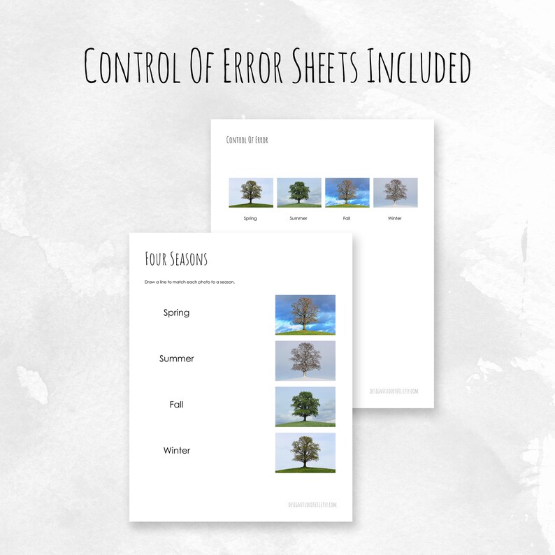 May include: A printable worksheet for kids to learn about the four seasons. The worksheet has four images of trees, each representing a different season: spring, summer, fall, and winter. The worksheet also has a section for kids to draw a line to match each photo to its season.