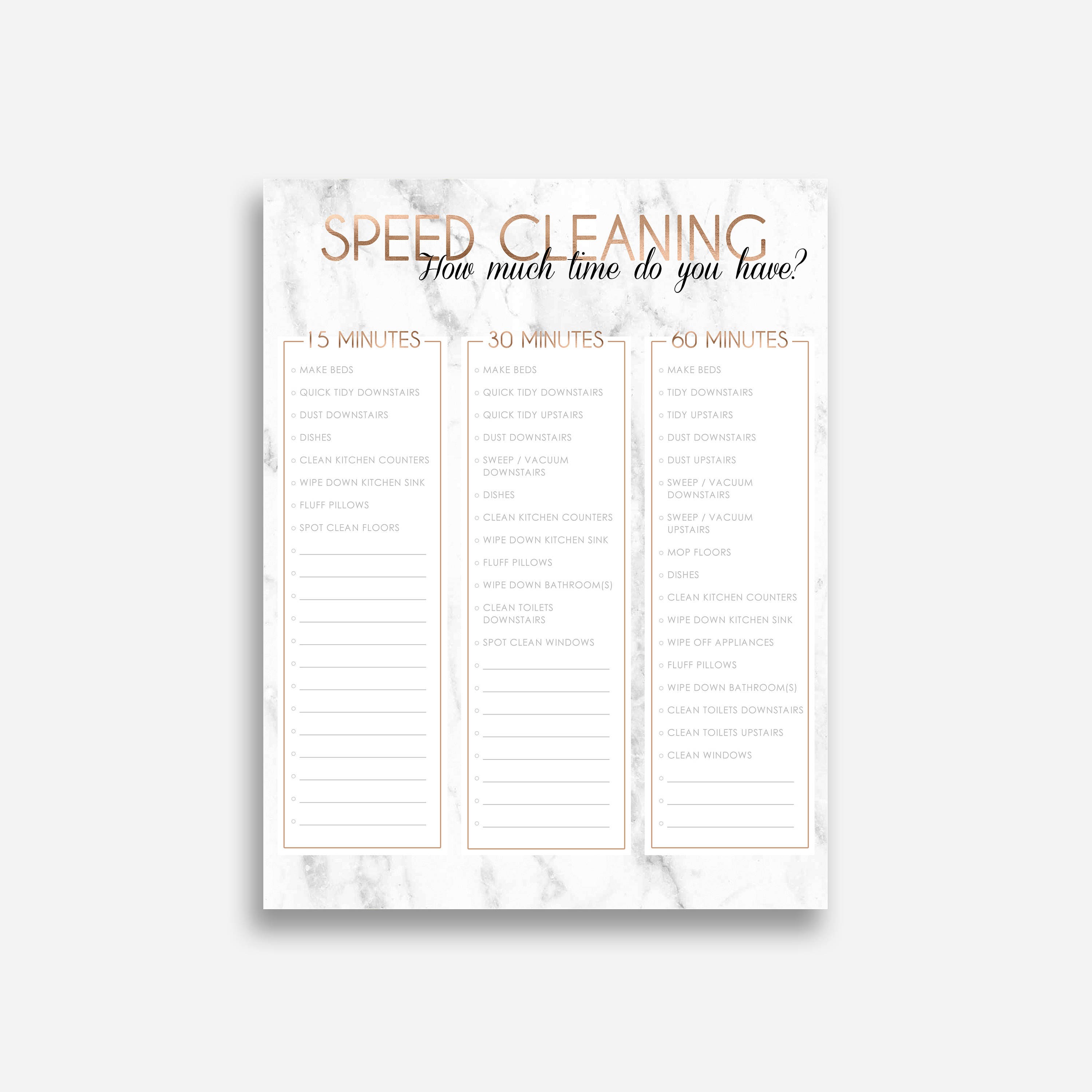 Clutter control, Speed cleaning, Speed cleaning checklist