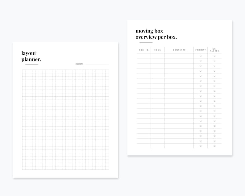 May include: A printable moving checklist with a gridded layout planner and a table to list moving boxes, room, contents, priority, and whether the box is packed.
