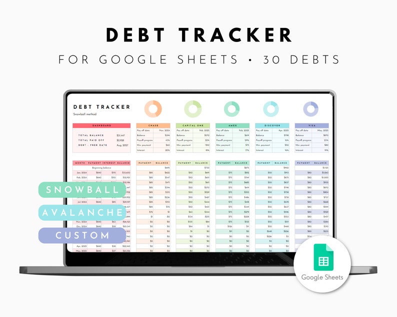 May include: A laptop screen displaying a Google Sheets spreadsheet titled "Debt Tracker" with a colorful design. The spreadsheet is designed to help users track their debts and make payments. The spreadsheet includes a variety of features, such as a debt summary, a payment schedule, and a progress tracker. The spreadsheet is also customizable, allowing users to add their own debts and payment information.