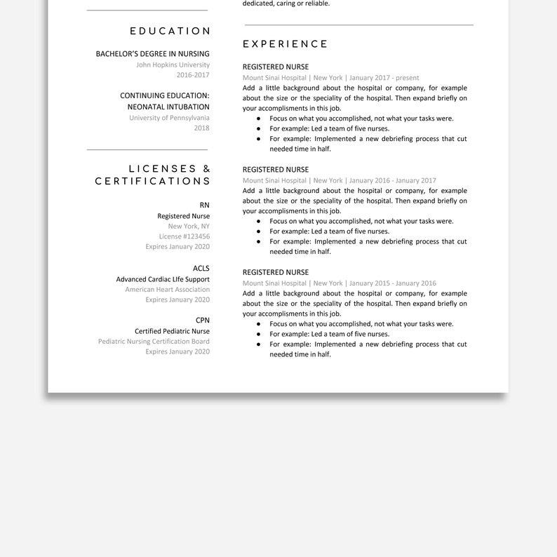 May include: A resume for a registered nurse with experience at Mount Sinai Hospital in New York. The resume lists education, licenses and certifications, and work experience.