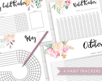 May include: Four printable habit tracker templates with floral designs. The trackers include a monthly calendar, a weekly tracker, a daily tracker, and a habit tracker with a circular design. The trackers are in black and white with floral accents in pink, peach, and green.