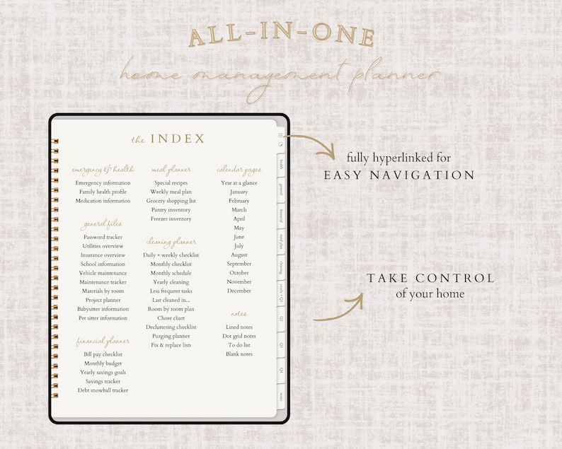 May include: A digital home management planner with a cream-colored cover and spiral binding. The planner's index includes sections for emergency, health, general files, meal planning, and calendar pages. Text on the image reads "ALL-IN-ONE home management planner."