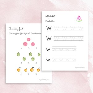 May include: A printable worksheet for kids featuring a counting activity with fruit illustrations and a tracing activity for the letter W. The worksheet includes the text "Counting fruit" and "How many pieces of fruit do you see? Circle the number." and "Alphabet" and "Trace the letters."