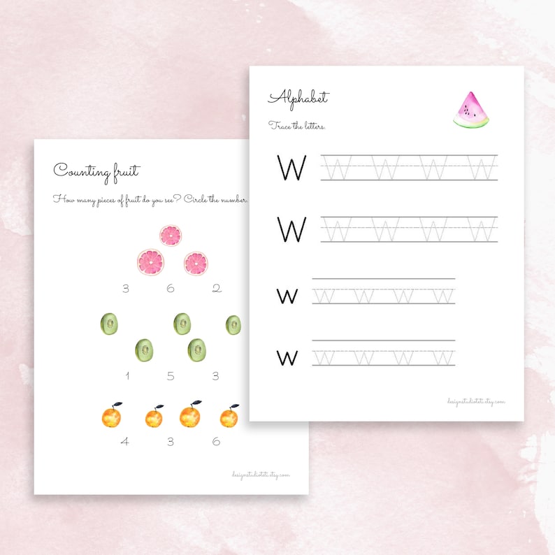 May include: A printable worksheet for kids featuring a counting activity with fruit illustrations and a tracing activity for the letter W. The worksheet includes the text "Counting fruit" and "How many pieces of fruit do you see? Circle the number." and "Alphabet" and "Trace the letters."