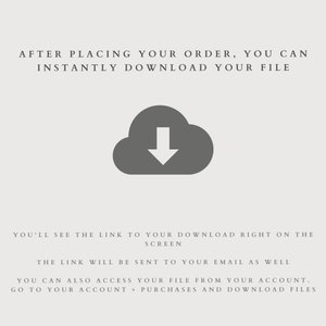 May include: A gray cloud icon with a downward arrow inside, indicating a download. Text reads: "After placing your order, you can instantly download your file. You'll see the link to your download right on the screen. The link will be sent to your email as well. You can also access your file from your account. Go to your account > Purchases and download files."