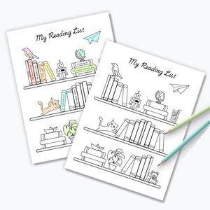 Op de afbeelding: Twee printbare leeslijst sjablonen met een boekenkast thema. Elk sjabloon heeft een boekenkast met boeken, een kat, een vogel, een robot, een globe, een plant en een papieren vliegtuig. De tekst "Mijn leeslijst" staat bovenaan elk sjabloon.