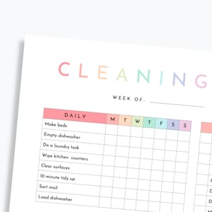 May include: A printable cleaning schedule checklist with a rainbow color scheme. The checklist includes daily tasks like making beds and emptying the dishwasher, and weekly tasks like cleaning the toaster and tidying laundry.