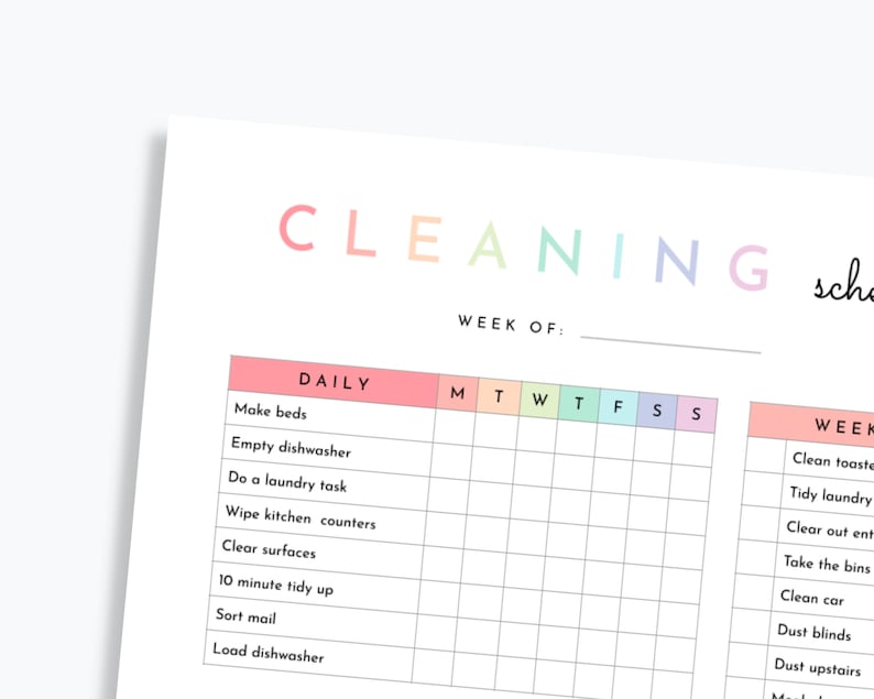 May include: A printable cleaning schedule checklist with a rainbow color scheme. The checklist includes daily tasks like making beds and emptying the dishwasher, and weekly tasks like cleaning the toaster and tidying laundry.