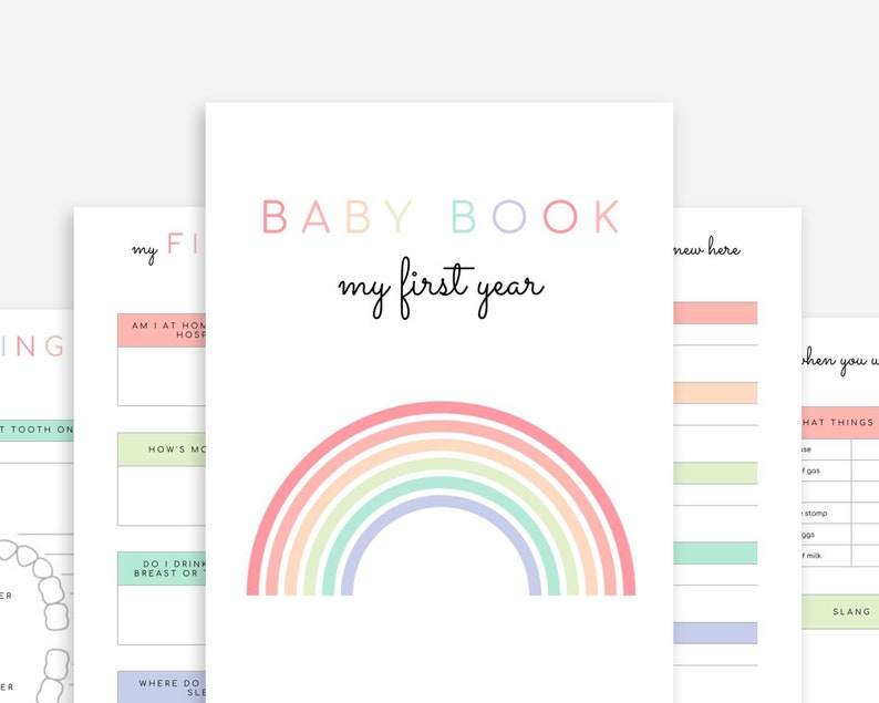 K&ouml;nnte beinhalten: Ein druckbares Babybuch mit einem Regenbogen-Design und dem Text "BABY BOOK my first year". Das Buch enth&auml;lt Abschnitte zum Aufzeichnen von Meilensteinen, Erinnerungen und anderen wichtigen Momenten im ersten Lebensjahr des Babys.