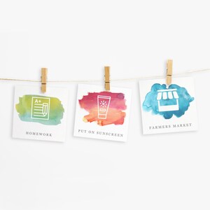May include: Three watercolor cards with icons and text. The first card is green and has a homework icon with the text "Homework". The second card is red and orange and has a sunscreen icon with the text "Put on Sunscreen". The third card is blue and has a farmers market icon with the text "Farmers Market".
