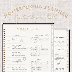 Può includere: Un pianificatore scolastico digitale e stampabile con una panoramica settimanale, un programma e una lista di cose da fare. Il pianificatore è beige con accenti dorati e include sezioni per note e monitoraggio dei progressi.