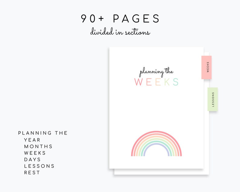 May include: A printable planner with a rainbow design and the text "planning the WEEKS". The planner includes sections for planning the year, months, weeks, days, lessons, and rest.