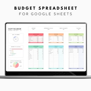 May include: A laptop screen displaying a Google Sheets budget spreadsheet template for September. The template is color-coded and includes sections for income, expenses, bills, debt payments, and savings. The spreadsheet also includes charts for visualizing budget vs. actual spending and actual distribution.