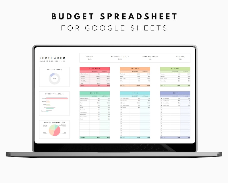 May include: A laptop screen displaying a Google Sheets budget spreadsheet template for September. The template is color-coded and includes sections for income, expenses, bills, debt payments, and savings. The spreadsheet also includes charts for visualizing budget vs. actual spending and actual distribution.