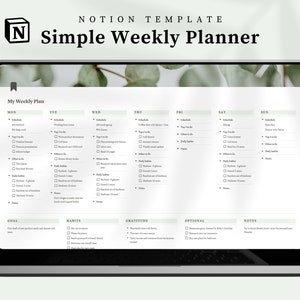Notion Template Weekly Planner, Green Eucalyptus Aesthetic