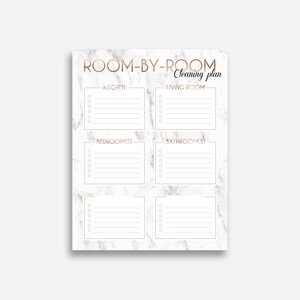 May include: A printable cleaning checklist with a marble background and gold accents. The checklist is divided into sections for different rooms: Kitchen, Living Room, Bedroom(s), and Bathroom(s). Each section has a list of tasks to be completed.