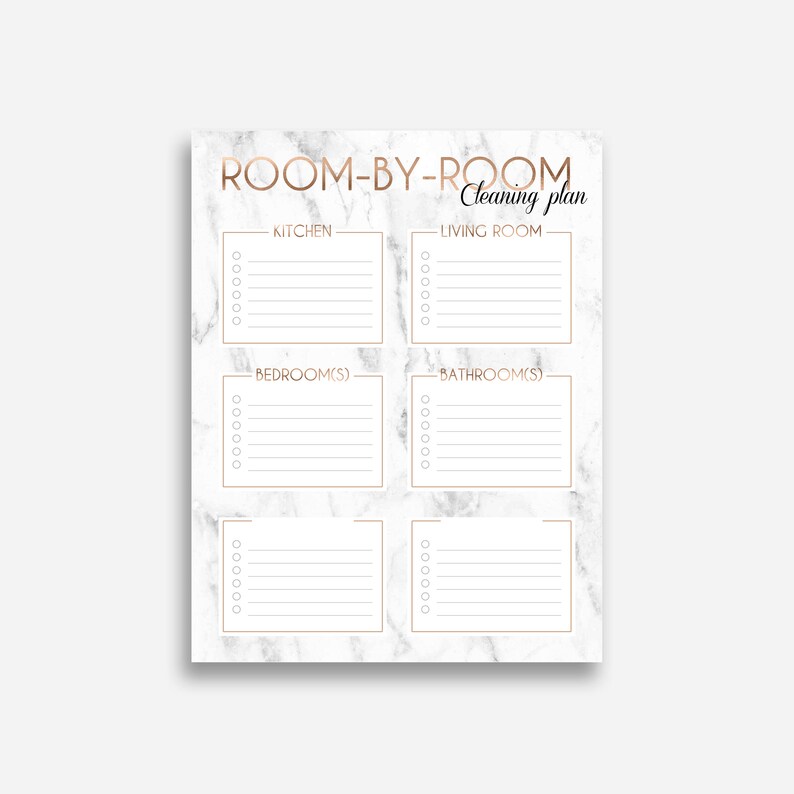 May include: A printable cleaning checklist with a marble background and gold accents. The checklist is divided into sections for different rooms: Kitchen, Living Room, Bedroom(s), and Bathroom(s). Each section has a list of tasks to be completed.