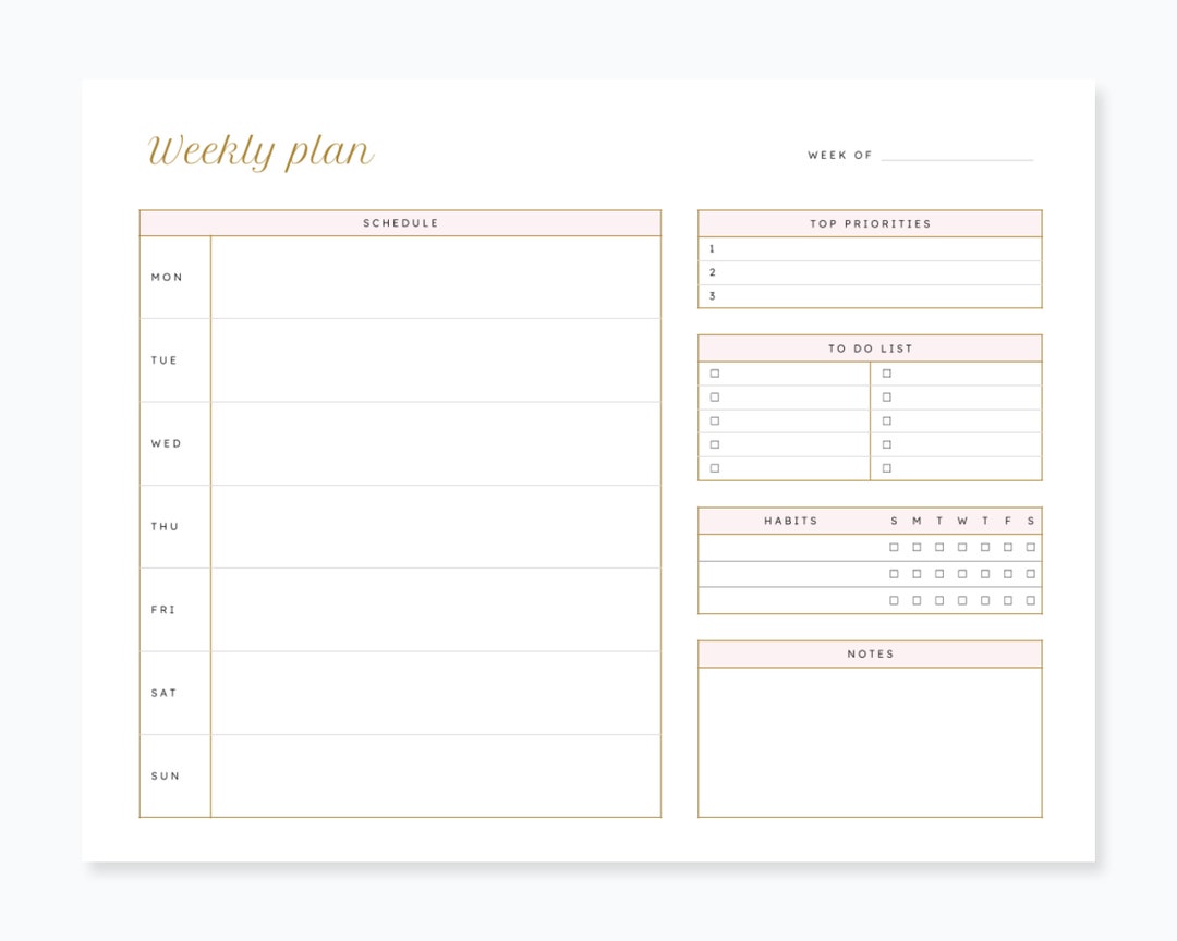 Weekly Schedule Printable | Pink &amp; Gold - Etsy