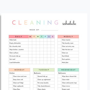May include: A printable cleaning schedule checklist with a colorful pastel design. The checklist includes daily, weekly, and daily tasks for Monday, Tuesday, and Wednesday. The tasks are organized by room, such as kitchen, bedrooms, and bathrooms.