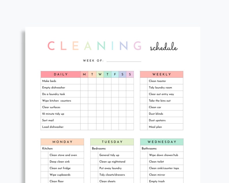 May include: A printable cleaning schedule checklist with a colorful pastel design. The checklist includes daily, weekly, and daily tasks for Monday, Tuesday, and Wednesday. The tasks are organized by room, such as kitchen, bedrooms, and bathrooms.