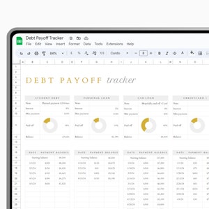 May include: A spreadsheet on a computer screen titled "Debt Payoff Tracker" with a table showing different types of debt, including student debt, personal loan, car loan, and credit card. Each debt has a pie chart showing the percentage paid off and the remaining balance.