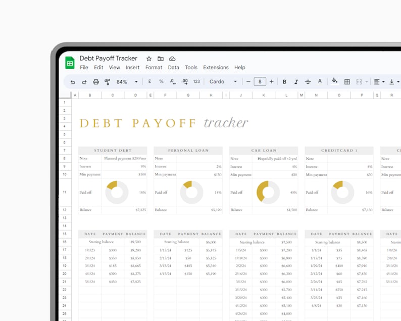 May include: A spreadsheet on a computer screen titled "Debt Payoff Tracker" with a table showing different types of debt, including student debt, personal loan, car loan, and credit card. Each debt has a pie chart showing the percentage paid off and the remaining balance.