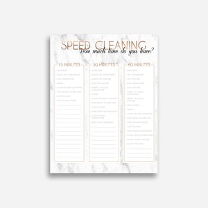 May include: A printable cleaning checklist with a marble background and gold accents. The checklist is divided into three sections: 15 minutes, 30 minutes, and 60 minutes. Each section lists cleaning tasks that can be completed in the allotted time.