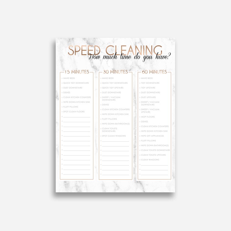 May include: A printable cleaning checklist with a marble background and gold accents. The checklist is divided into three sections: 15 minutes, 30 minutes, and 60 minutes. Each section lists cleaning tasks that can be completed in the allotted time.