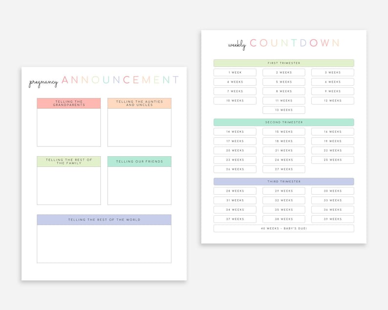 Puede incluir: Una lista de verificaci&oacute;n de anuncio de embarazo imprimible con un esquema de color pastel. La lista de verificaci&oacute;n incluye secciones para contarles a los abuelos, t&iacute;as y t&iacute;os, al resto de la familia, amigos y al resto del mundo. La segunda p&aacute;gina es una cuenta regresiva semanal de las semanas de embarazo, dividida en trimestres.