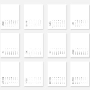 K&ouml;nnte beinhalten: Eine druckbare Kalender-Vorlage mit 12 leeren Kalenderseiten, eine f&uuml;r jeden Monat des Jahres. Die Monate sind von Januar bis Dezember beschriftet.