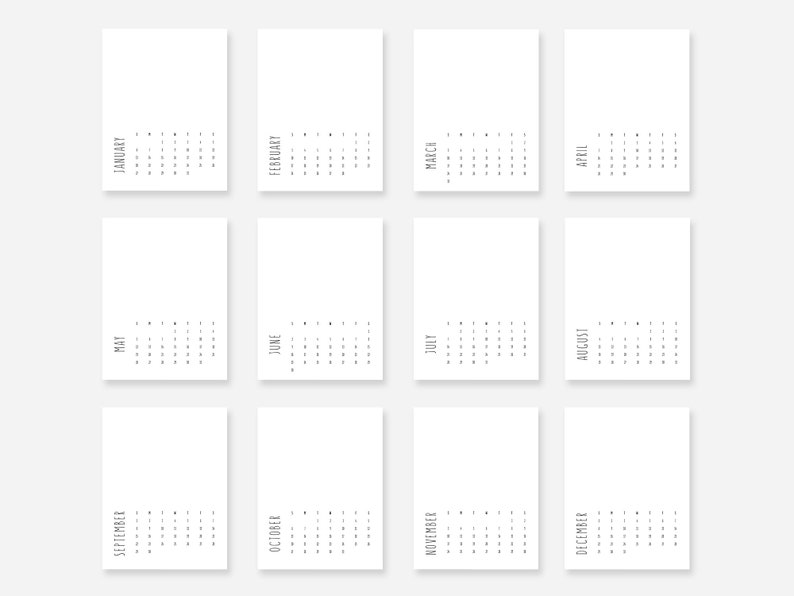 K&ouml;nnte beinhalten: Eine druckbare Kalender-Vorlage mit 12 leeren Kalenderseiten, eine f&uuml;r jeden Monat des Jahres. Die Monate sind von Januar bis Dezember beschriftet.