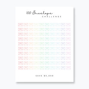 Op de afbeelding: Een printbare 100 Envelope Challenge-kaart met een regenboogkleurige gradiënt van enveloppen. De tekst "100 Envelope Challenge" staat bovenaan de kaart. De tekst "SAVE $5,050" staat onderaan de kaart.