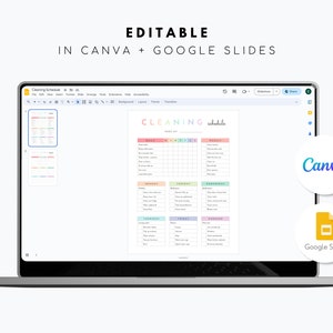 May include: A laptop screen displaying a cleaning schedule template in Canva and Google Slides. The template features a colorful design with sections for daily, weekly, and monthly tasks. The Canva and Google Slides logos are visible in the image.